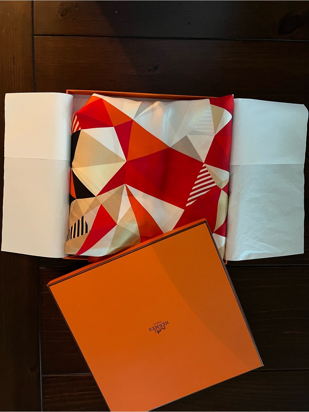 Hermes Geometric Red Orange Cream Silk Scarf. Timeless luxury. Chic!